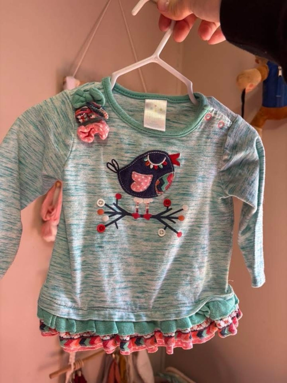 Girls' Teal Bird Ruffle Hem Long-Sleeve Top